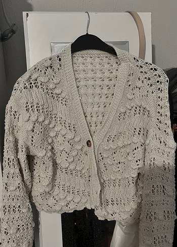 Bej Bohem V Yaka Örgü Kadın Hırka - Görsel 3