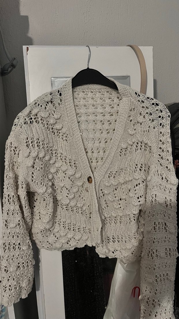 Bej Bohem V Yaka Örgü Kadın Hırka - Görsel 3