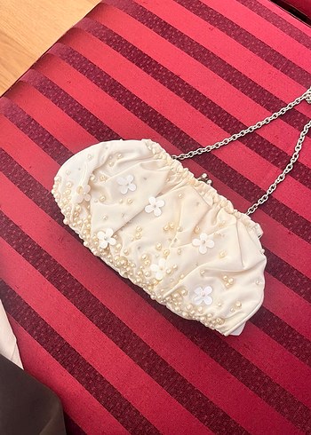 Vakko İnci İşlemeli Beyaz Bohem Zarif Kadın çanta - Görsel 6