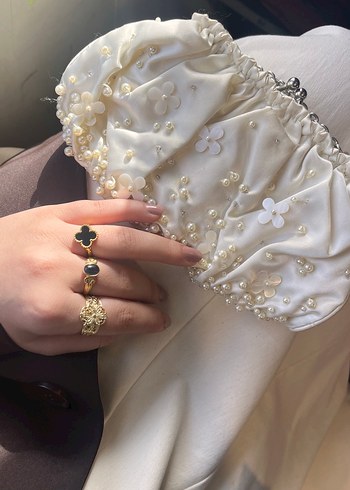 Vakko İnci İşlemeli Beyaz Bohem Zarif Kadın çanta - Görsel 2