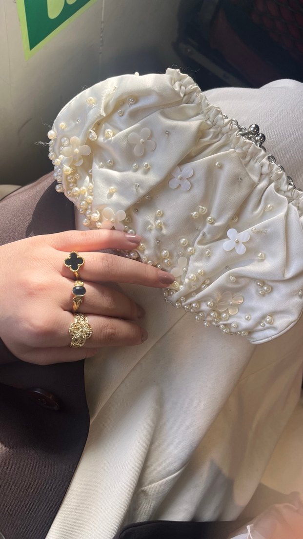 Vakko İnci İşlemeli Beyaz Bohem Zarif Kadın çanta - Görsel 2