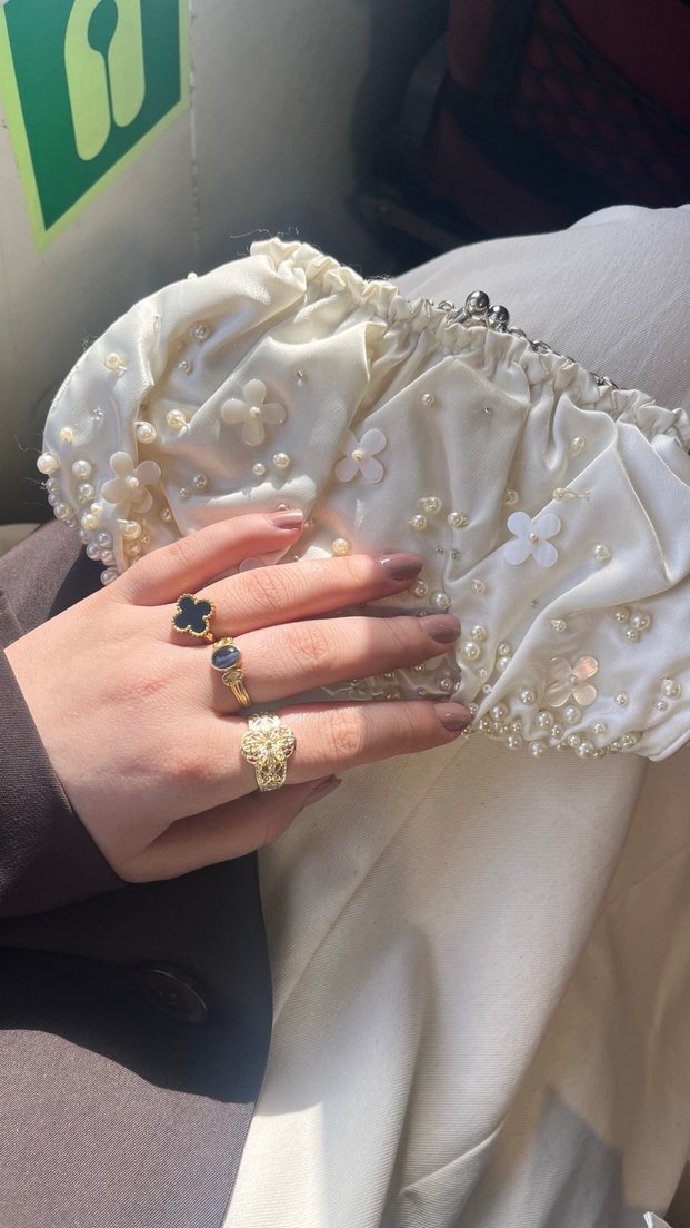 Vakko İnci İşlemeli Beyaz Bohem Zarif Kadın çanta - Görsel 5