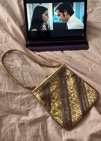 Altın Renk Boncuklu Nakışlı El İşlemeli Vintage Çanta - Görsel 5