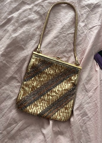 Altın Renk Boncuklu Nakışlı El İşlemeli Vintage Çanta - Görsel 4