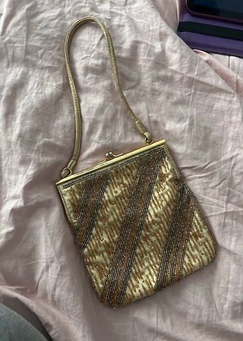 Altın Renk Boncuklu Nakışlı El İşlemeli Vintage Çanta - Görsel 9