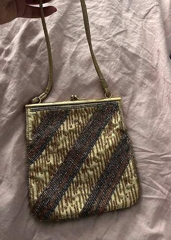 Altın Renk Boncuklu Nakışlı El İşlemeli Vintage Çanta - Görsel 2