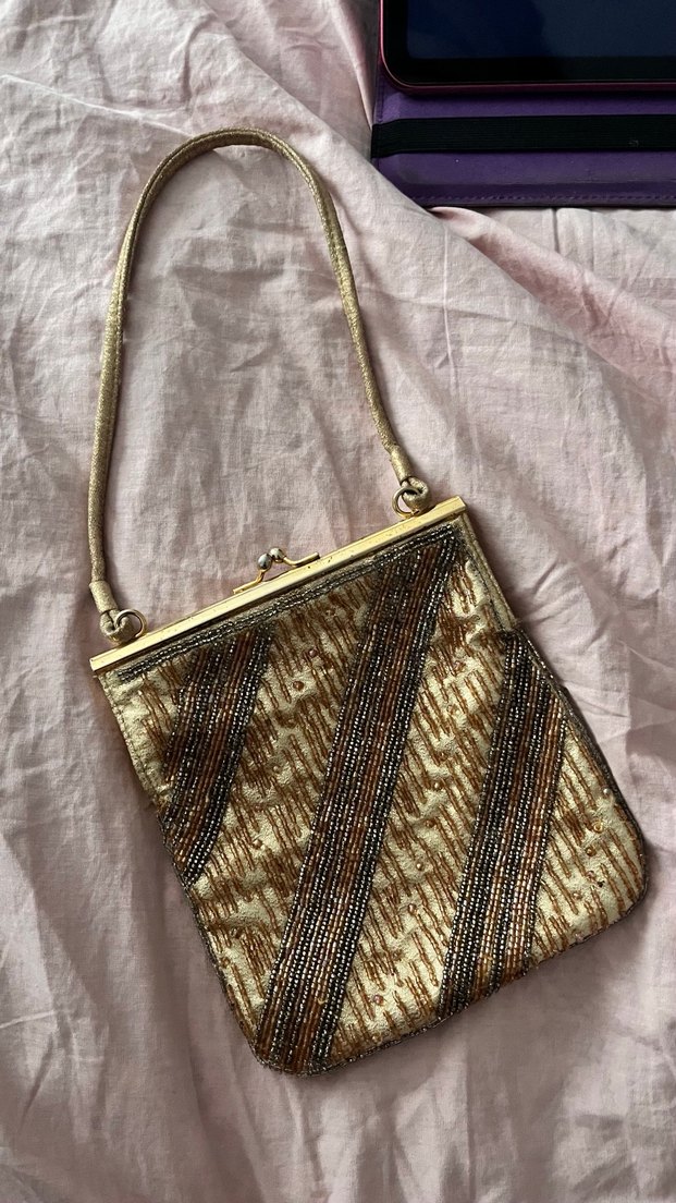 Altın Renk Boncuklu Nakışlı El İşlemeli Vintage Çanta - Görsel 3