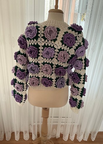 Mor Çiçekli Örgü Bohem Hırka - Görsel 3