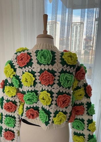 Çiçek Desenli Örgü Bohem Kadın Hırka - Görsel 3