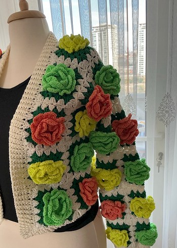 Çiçek Desenli Örgü Bohem Kadın Hırka - Görsel 2