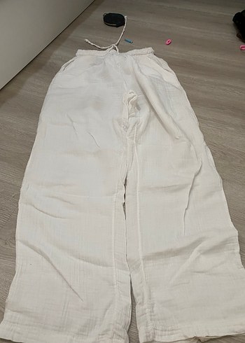 Beyaz Keten Piliseli Bol Kesim Kadın Pantolon - Görsel 5