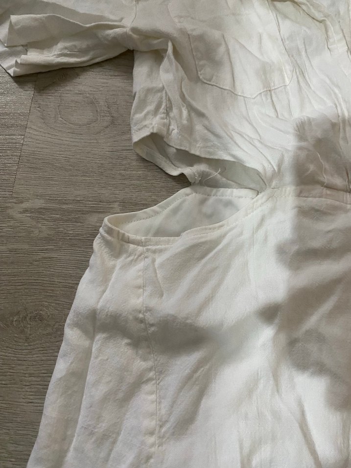 Beyaz Kısa Kollu Midi Keten Elbise - Görsel 3