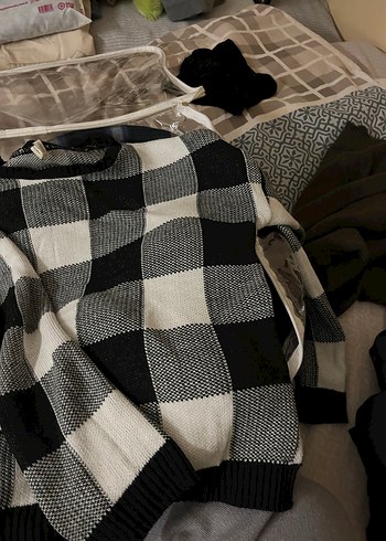 Vintage Gri Kareli Örgü Kadın Kazak - Görsel 4