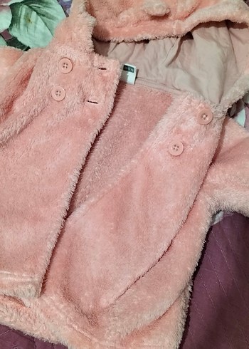 12-18 Ay Beden pembe Renk Kapüşonlu Düğmeli Kız Çocuk Pembe Mont