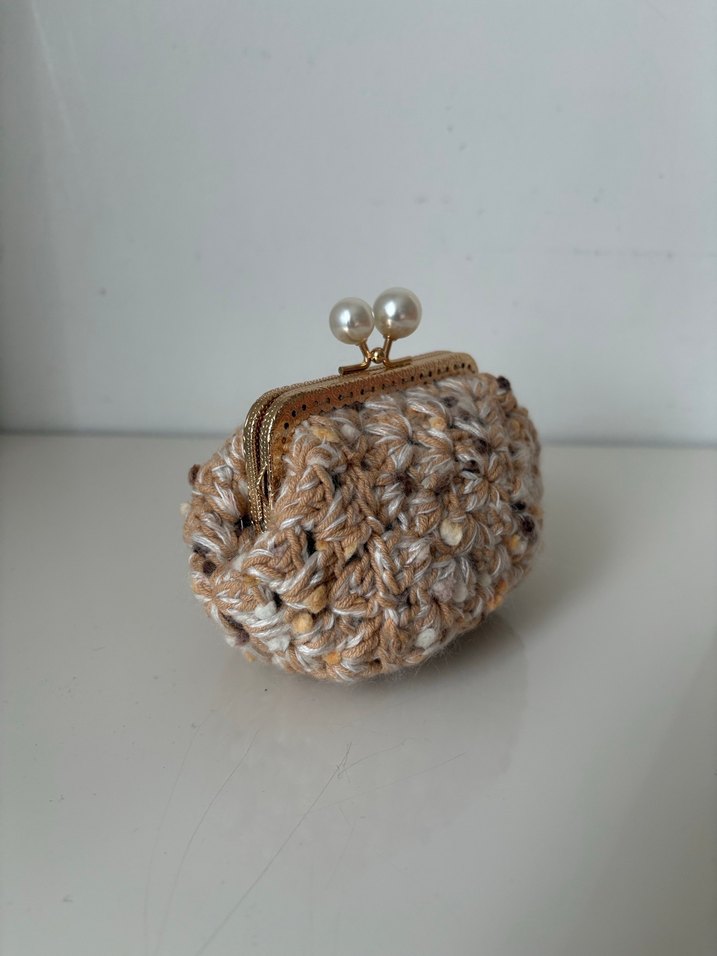 Boncuklu Bej Örgü Kadın Cüzdan - Görsel 4