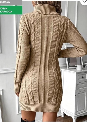 Kahverengi Örgü Boğazlı Triko Elbise - Görsel 2
