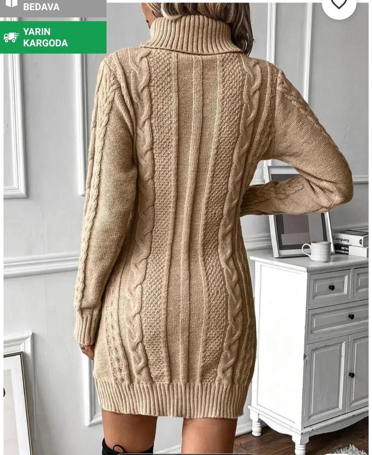 Kahverengi Örgü Boğazlı Triko Elbise - Görsel 2