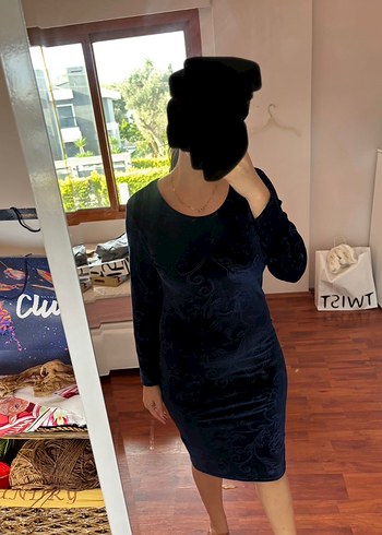 Uzun Kollu Lacivert Midi Kadın Elbise - Görsel 3