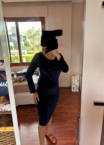 Uzun Kollu Lacivert Midi Kadın Elbise - Görsel 2