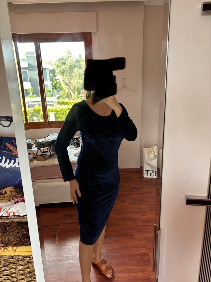 Uzun Kollu Lacivert Midi Kadın Elbise - Görsel 2