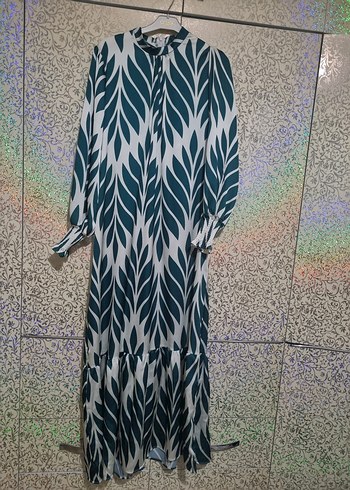 Bohem Uzun Kollu Yeşil Desenli Elbise - Görsel 5