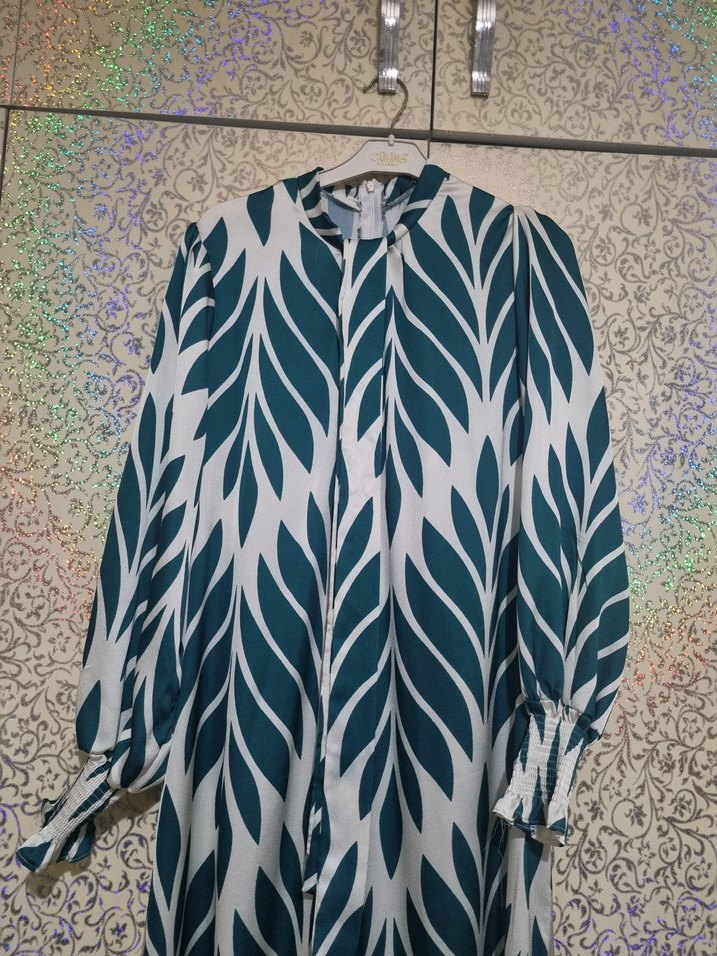 Bohem Uzun Kollu Yeşil Desenli Elbise - Görsel 4