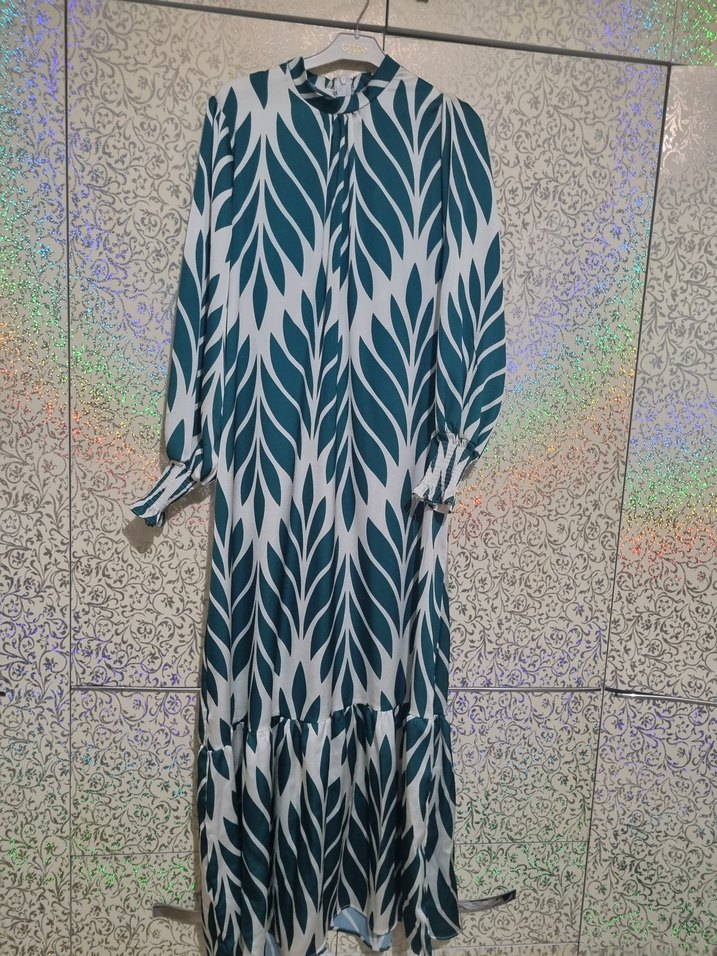 Bohem Uzun Kollu Yeşil Desenli Elbise - Görsel 2