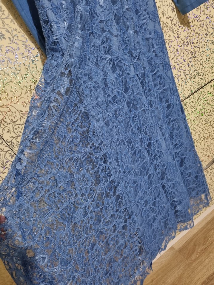 Mavi Uzun Kollu İşlemeli Kadın Abiye Elbise - Görsel 3