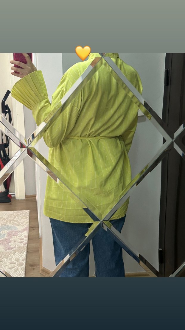 Sarı Pilili Uzun Kollu Salaş Gömlek - Görsel 2