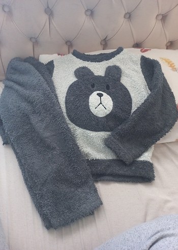 Gri Erkek Çocuk Ayı Desenli Bornoz Takımı - Görsel 2