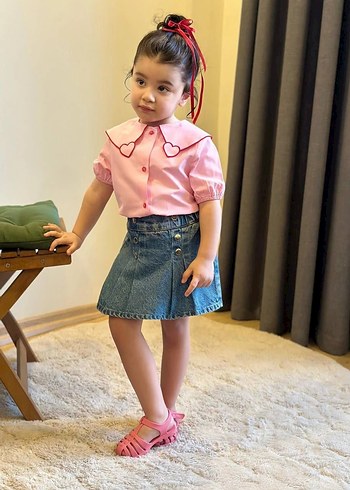 Düğmeli Pembe Batik Desenli Kız Kot Etek