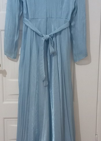 Mavi Uzun Kollu Saten Uzun Elbise - Görsel 3