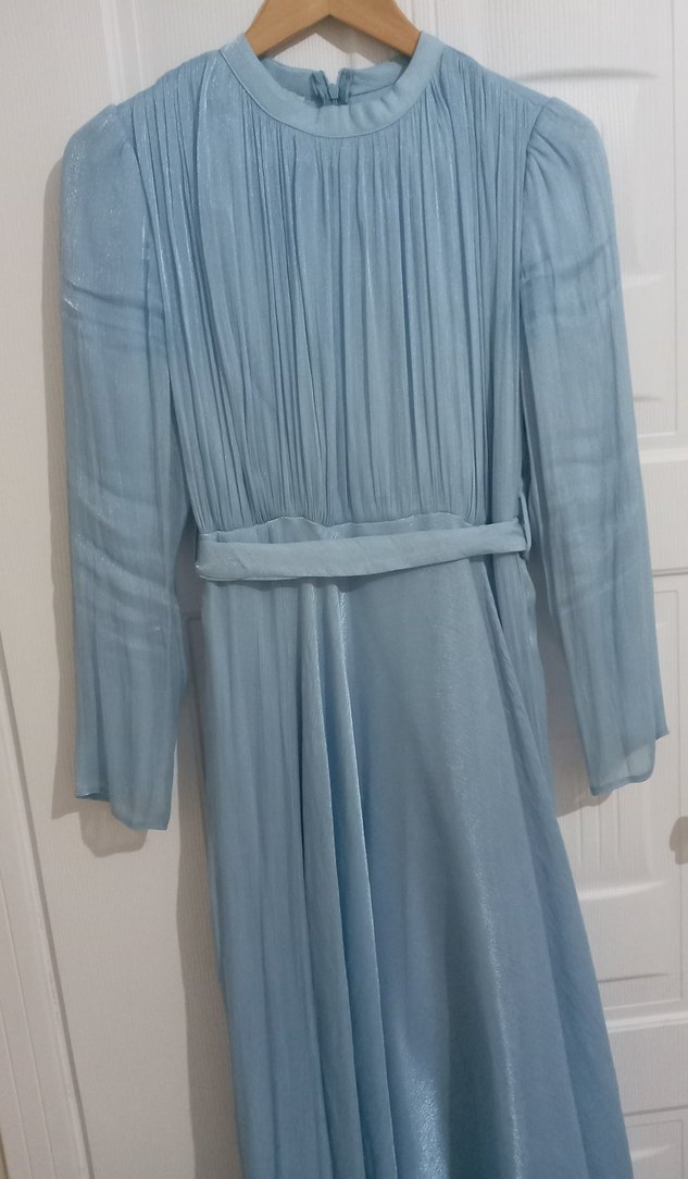 Mavi Uzun Kollu Saten Uzun Elbise - Görsel 2