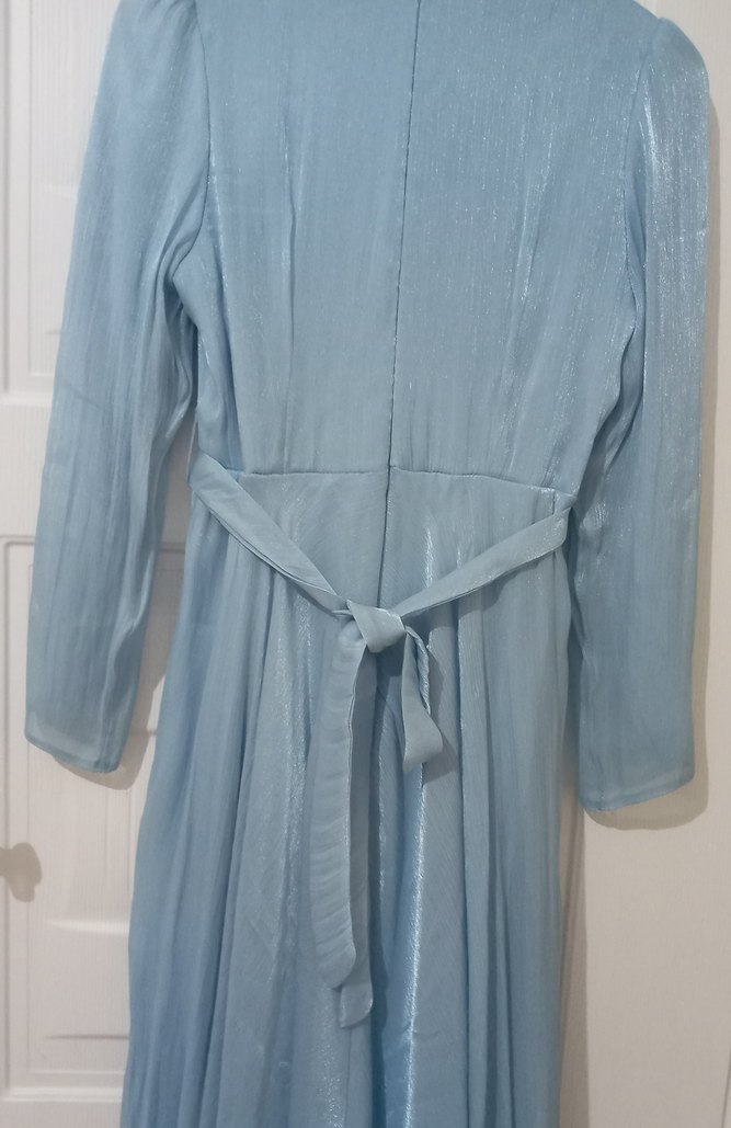 Mavi Uzun Kollu Saten Uzun Elbise - Görsel 4