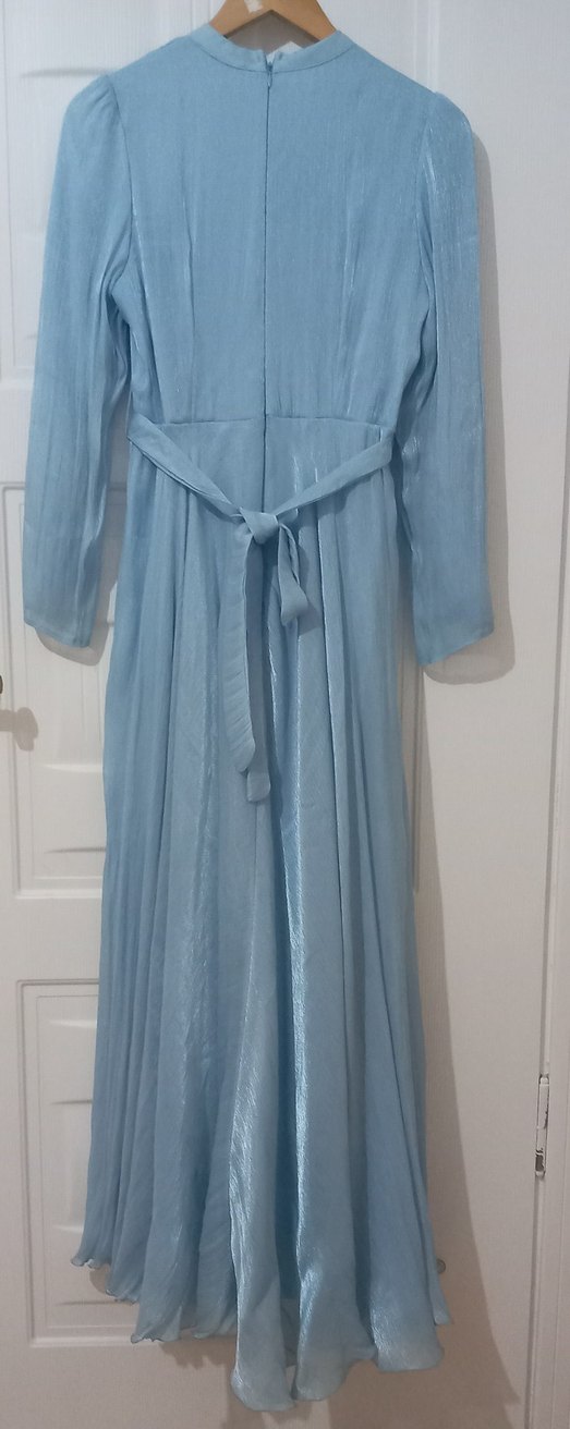 Mavi Uzun Kollu Saten Uzun Elbise - Görsel 3