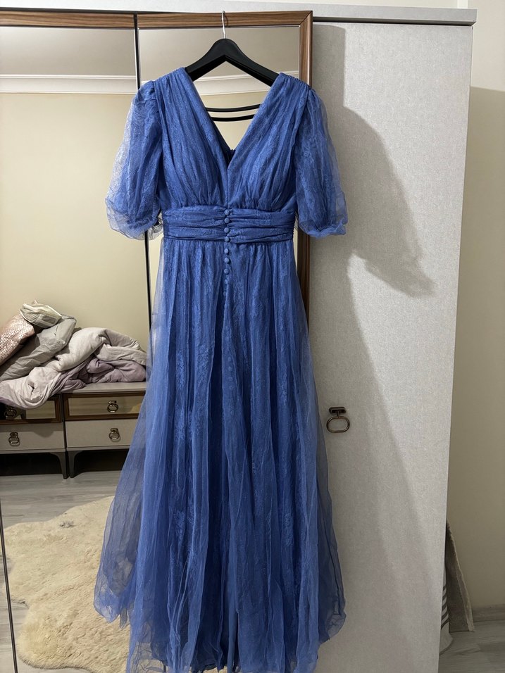 Uzun Mavi Bohem Kadın Abiye Elbise - Görsel 3