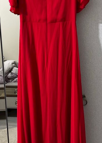Uzun Kırmızı V Yaka Kadın Abiye Elbise - Görsel 3