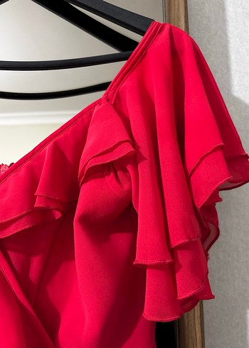 Uzun Kırmızı V Yaka Kadın Abiye Elbise - Görsel 4