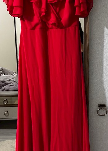 Uzun Kırmızı V Yaka Kadın Abiye Elbise - Görsel 2