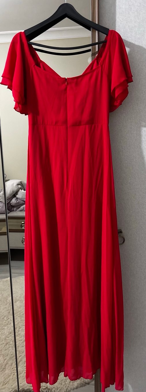Uzun Kırmızı V Yaka Kadın Abiye Elbise - Görsel 3