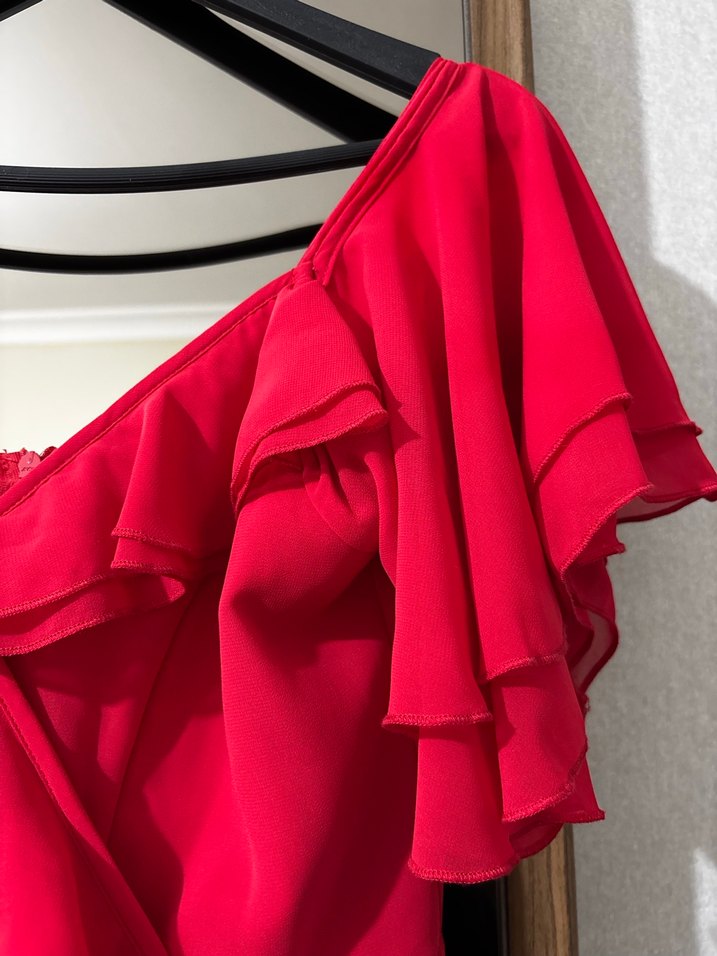 Uzun Kırmızı V Yaka Kadın Abiye Elbise - Görsel 4