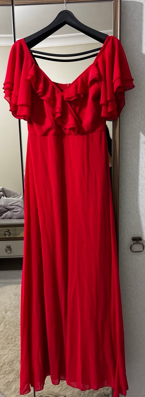 Uzun Kırmızı V Yaka Kadın Abiye Elbise - Görsel 2