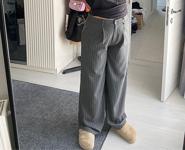 m Beden Gri kumaş pantolon beli lastikli