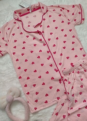 xl Beden pembe Renk Kısa kollu önden düğmeli pijama takımı