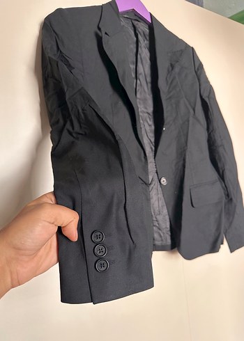 Düğmeli Siyah Kadın Keten Blazer Ceket - Görsel 2