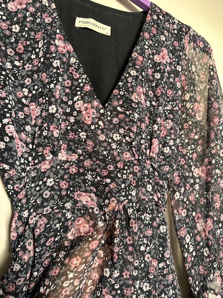 Uzun Kollu V Yakalı Pembe Çiçekli Mini Elbise - Görsel 4