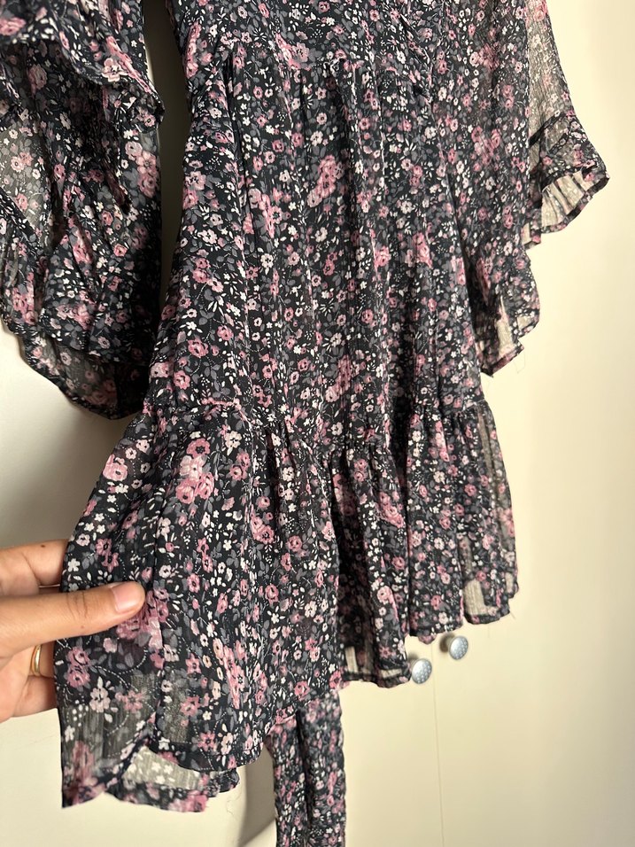 Uzun Kollu V Yakalı Pembe Çiçekli Mini Elbise - Görsel 5