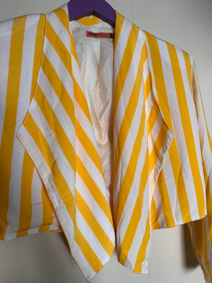 Sarı Çizgili Mini Kadın Blazer - Görsel 4