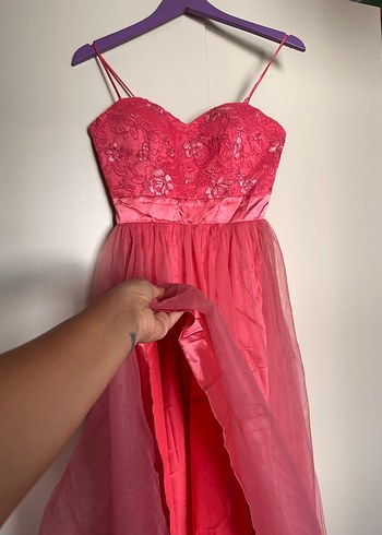 Dantel İşlemeli Pembe Uzun Abiye Elbise - Görsel 2