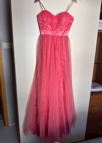 Dantel İşlemeli Pembe Uzun Abiye Elbise - Görsel 3